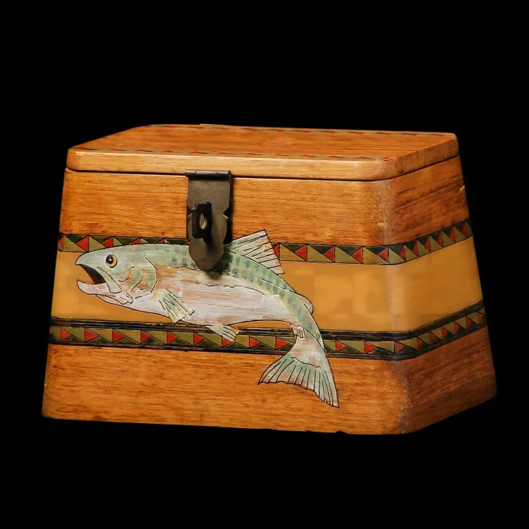 Antique Wooden Trapezoidal Jewelry Box Fish Design
