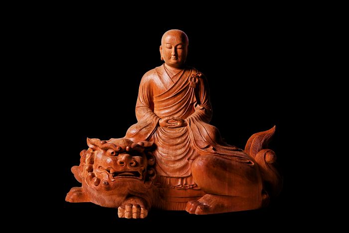 Hand-carved Wooden Ksitigarbha With Kylin-shaped Base