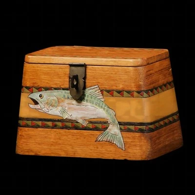 Antique Wooden Trapezoidal Jewelry Box Fish Design